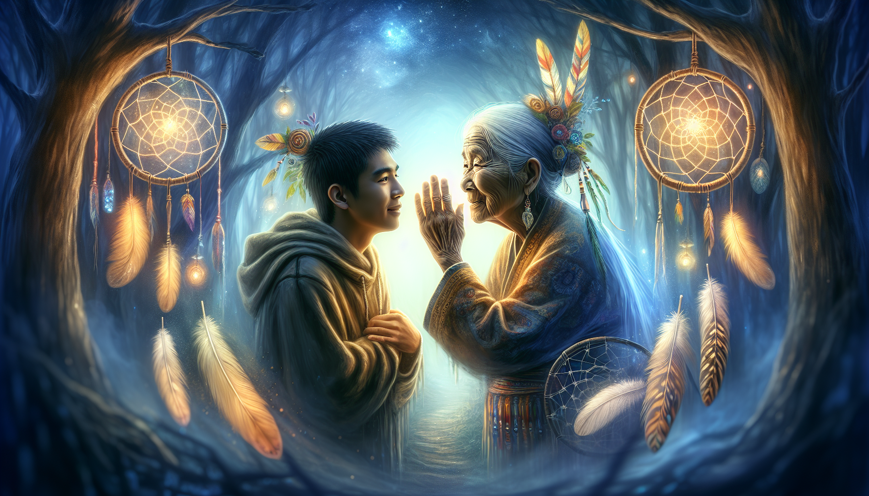 Create an ethereal and mystical digital painting of an elderly wise woman whispering ancient secrets into the left ear of a young listener, surrounded by a soft glow and symbolic icons like feathers a