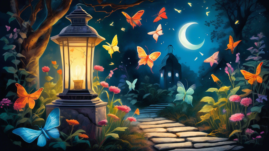 A serene, moonlit garden scene featuring an assortment of colorful moths gently fluttering around an ancient, glowing lantern, with each moth casting a faint, mystical symbol in its shadow on the old