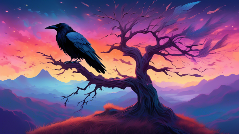 A serene landscape at dusk, where a single luminous crow perched atop an ancient, gnarled tree emanates a mystical aura with shimmering, ethereal feathers, the backdrop consists of rolling misty hills