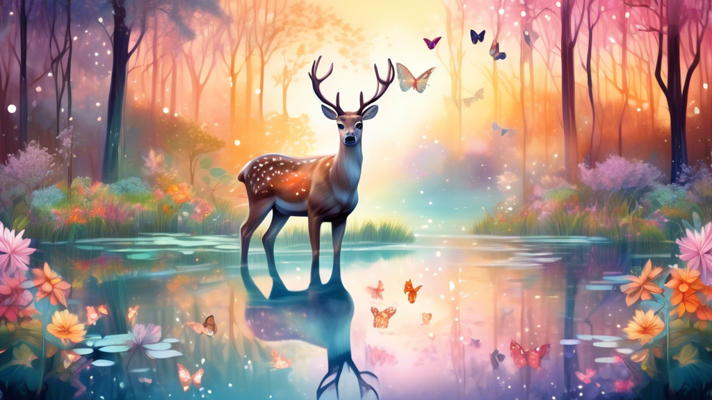 An ethereal forest at dawn with gentle sunlight filtering through the trees, casting a mystical glow on a serene deer standing by a tranquil pond, surrounded by delicate flowers and fluttering butterf