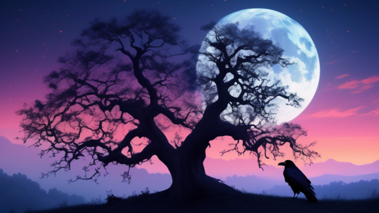 A serene, mystical landscape at twilight with a large raven perched prominently on an ancient oak tree, silhouetted against a full moon. Ethereal light filters through scattering clouds, casting a mys