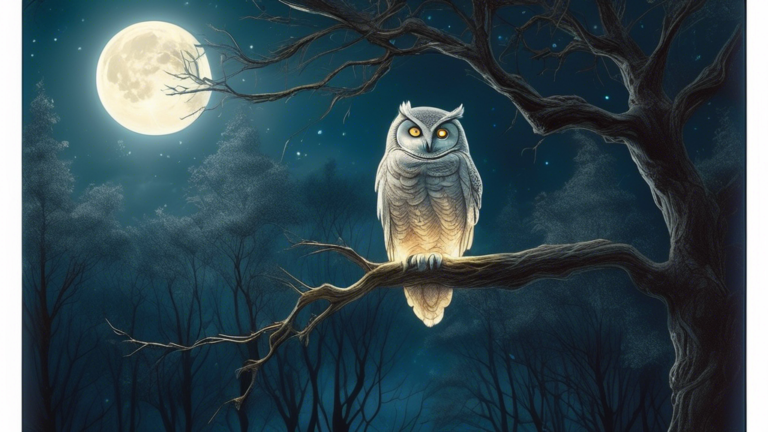 Create an ethereal, moonlit forest scene with a mystical owl perched on a branch, glowing softly under the light of the full moon. The owl's eyes should be particularly captivating, with a hint of oth