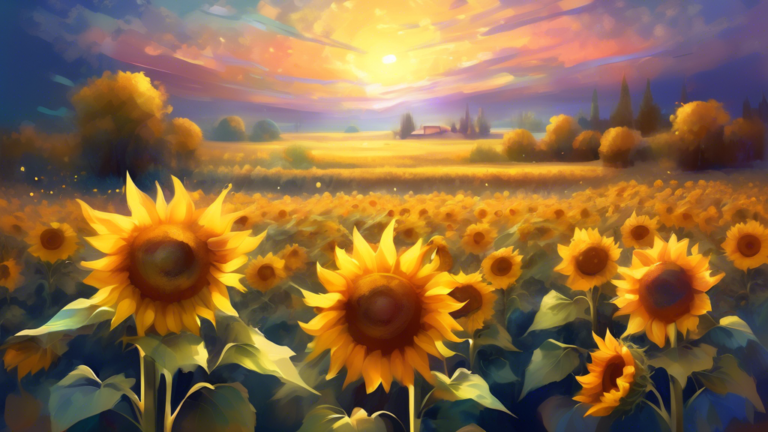 A serene dream-like landscape under a twilight sky, with a vast field of sunflowers gently swaying, with each sunflower having shimmering, translucent petals that glow softly, surrounded by ethereal m