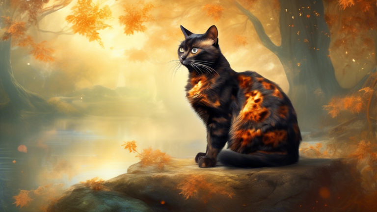 Generate an image that portrays a majestic tortoiseshell cat in a serene, mystical setting. The cat should be surrounded by ethereal light and subtle hints of ancient symbols or spiritual artifacts. I