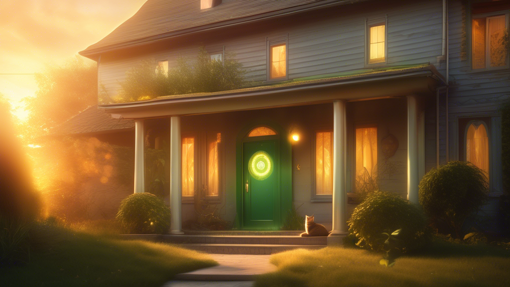 A serene suburban home under a golden sunset, with a mystical aura surrounding it. A calm, mystical-looking cat with bright green eyes sits at the doorstep, appearing almost ethereal. Elements of spir