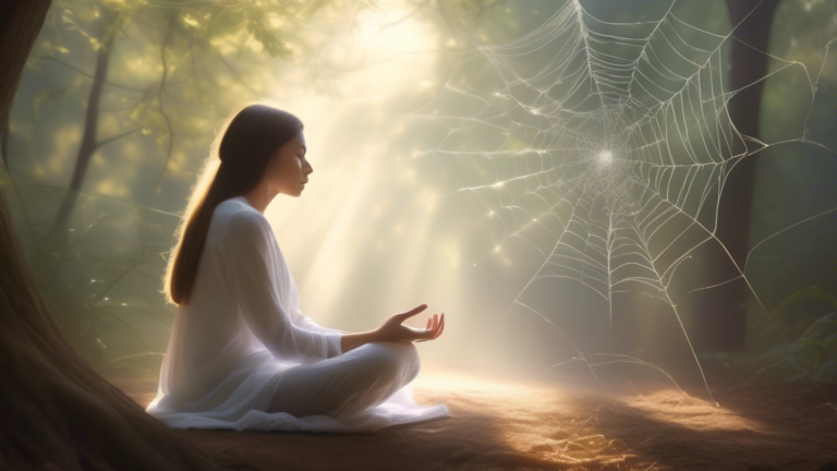 Create an image of a serene, meditative setting where a person is sitting cross-legged in a tranquil pose. A small spider is gently crawling on their arm. Soft, ethereal light filters through the tree