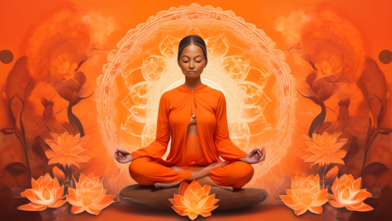 Create a vibrant image depicting the spiritual significance of the color orange. Show a serene scene of a meditation garden at sunrise, where shades of orange illuminate the sky, flowers, and symbols