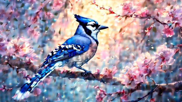 An ethereal forest scene at sunrise with a vividly detailed blue jay perched gracefully on a blossoming cherry tree branch, surrounded by soft mist and the gentle glow of morning light.