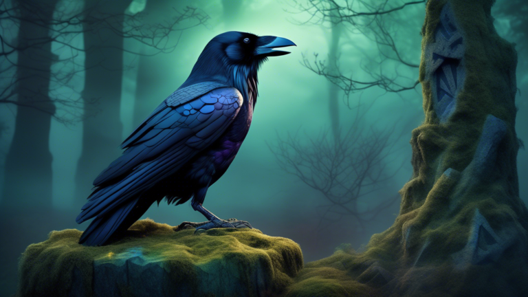 An artistic representation of a raven perched on a mossy stone in a mystical forest, with ancient runes glowing softly on the trees and a misty, ethereal background suggesting mystery and ancient wisd