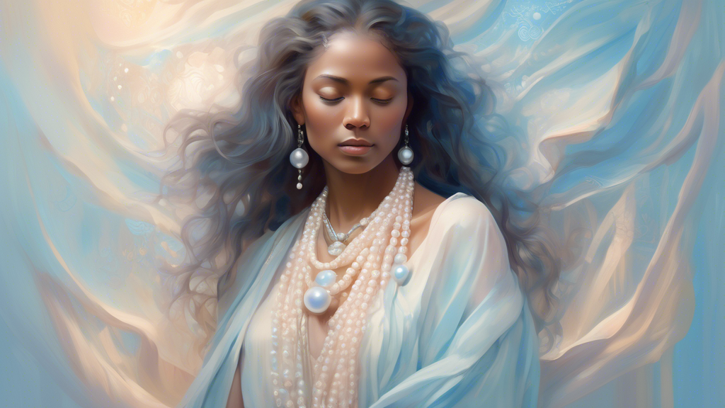 Create an ethereal digital painting of a serene woman draped in flowing robes, adorned with a intricate pearl necklace against a soft, pastel background. The pearls glow subtly, casting light onto her