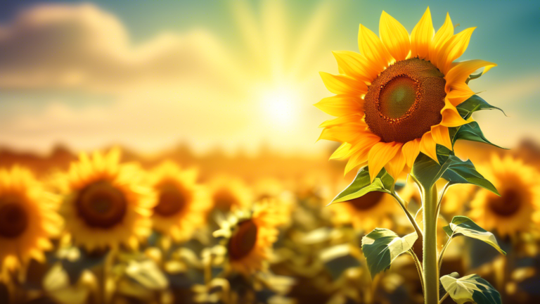 a vibrant field of sunflowers under a bright sunny sky, with one large, detailed sunflower in the foreground, its petals glowing as if illuminated from within, set against an artistic, blurred backgro