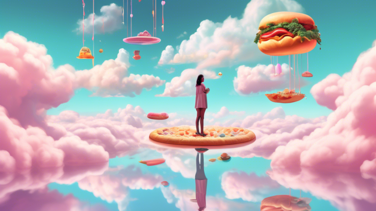 A surreal digital painting of a person standing on a giant scale in a dreamy, cloud-filled sky, with oversized food items floating around and their reflection showing a fit version of themselves in th