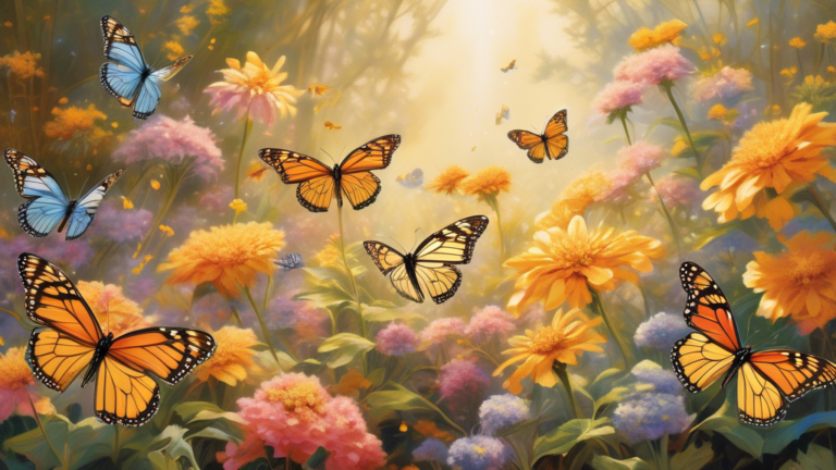 Create a serene, ethereal scene featuring a vibrant group of monarch butterflies fluttering around a peaceful garden filled with blooming flowers. The butterflies exhibit a gentle, glowing aura, empha