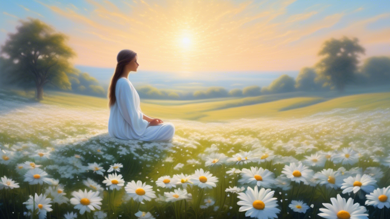 Create an ethereal and tranquil scene showing a vast field under a clear blue sky, filled with blooming white daisies. In the background, soft rays of sunrise illuminate the petals, infusing them with