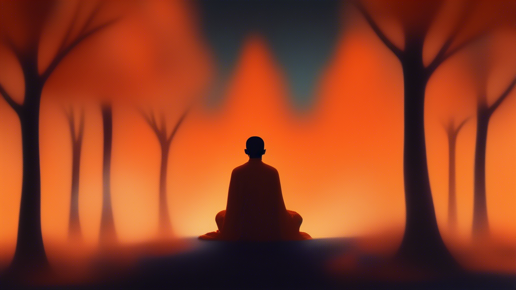 An ethereal forest with trees bearing glowing orange leaves under a twilight sky, with a meditative figure dressed in vibrant orange robes seated peacefully beneath.