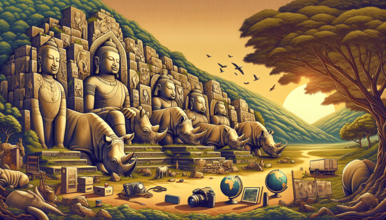 Create an image of a serene ancient temple carved into the side of a lush green mountain, with detailed stone engravings of rhinoceroses depicted in various poses of power and grace. In the foreground
