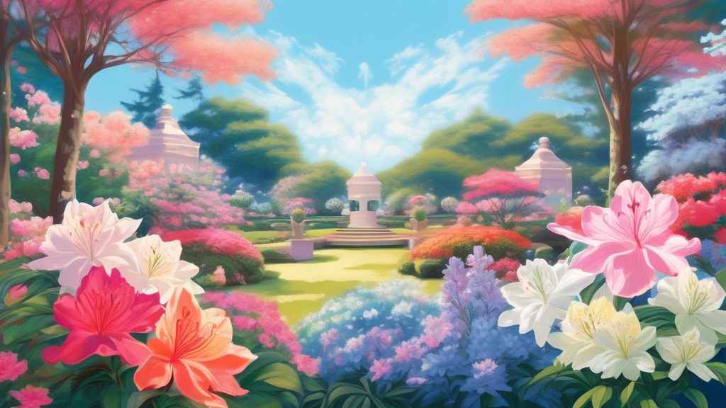 A beautiful and serene garden filled with blooming azaleas in a variety of colors under a clear blue sky, each flower subtly glowing to symbolize different cultural meanings, with small, ethereal symb