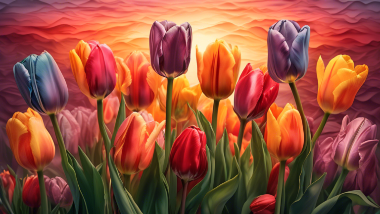 An ethereal garden of diverse tulips under a soft sunset, each tulip glowing differently to symbolize various deep meanings, with a subtle background of an ancient, mysterious manuscript detailing the