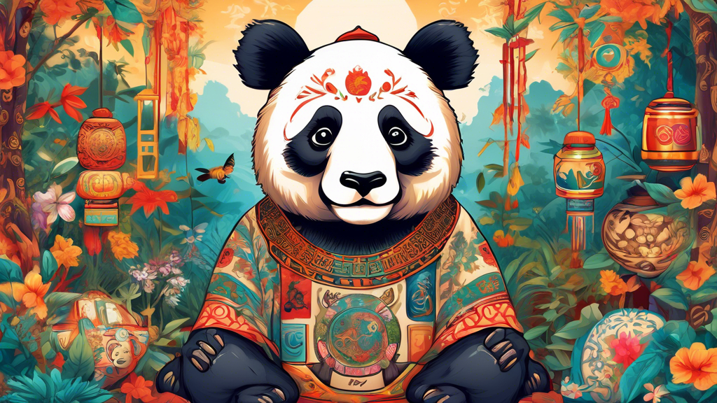 An artistic depiction of a panda surrounded by various cultural symbols from around the world, such as Chinese scrolls, American pop art, and Indian mandalas, set in a serene natural forest environmen