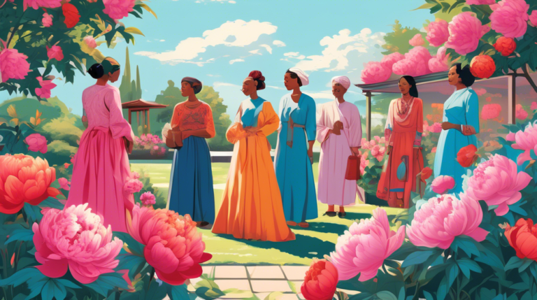 An elegant garden filled with vibrant, blooming peonies under a clear blue sky, with people of diverse ethnicities wearing traditional dresses from their cultures, admiring the flowers and discussing