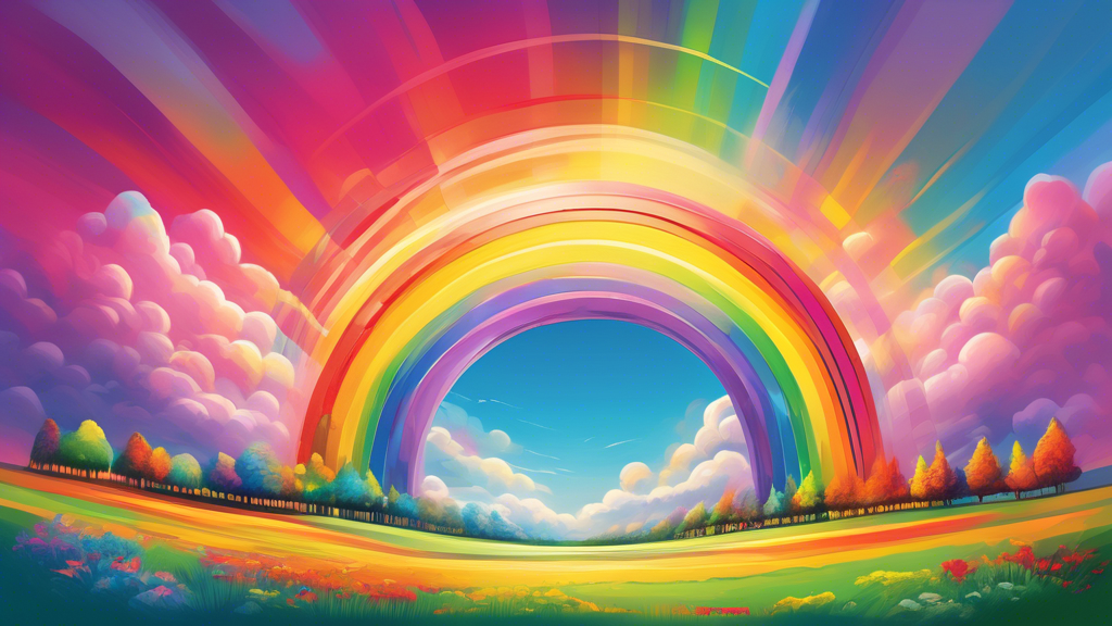 A vibrant digital painting of a majestic rainbow arching over a serene landscape, each color of the rainbow transforming into various cultural and mythological symbols from around the world.