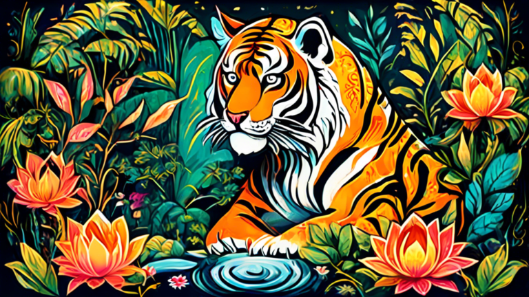 Create an image of a majestic tiger standing in a lush, vibrant jungle, surrounded by various symbolic elements such as a yin-yang symbol, a lotus flower, and a burning candle. The tiger should exude