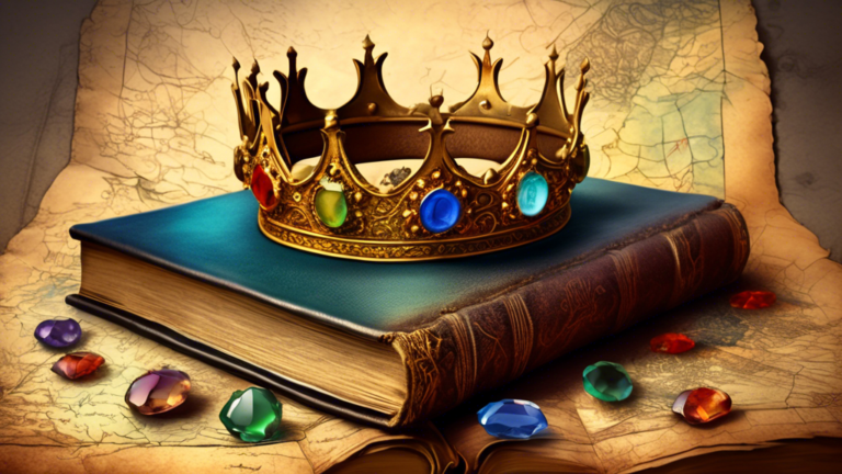 An ornate golden crown embellished with various gemstones sitting atop an old leather-bound book with faded pages open to a chapter about royal symbolism, in a dimly lit study room with vintage maps a