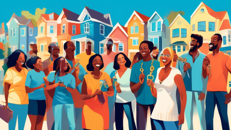 A vibrant digital painting of a diverse group of people joyfully holding keys in front of their new homes in a bustling neighborhood, each house uniquely designed to reflect the owner's personality, u