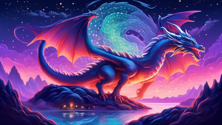 An ethereal, misty landscape at twilight with a majestic dragon curled up, sleeping under a vast starlit sky. The dragon's scales glisten with iridescent colors, and softly glowing ethereal symbols of