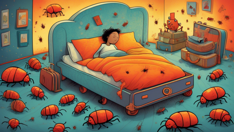 An illustrated dream sequence showing a person sleeping peacefully in a whimsical, oversized bed while tiny bed bugs carrying small suitcases walk away from the bed, symbolizing leaving behind worries