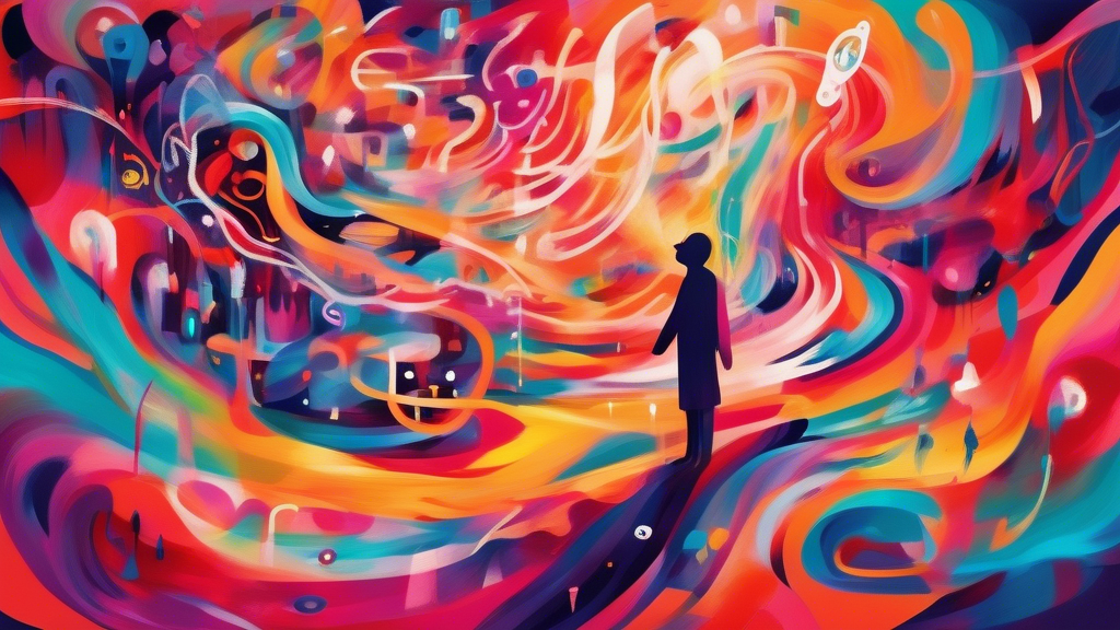 An ethereal dreamscape depicting a person experiencing a dream about being shot, with abstract symbols and vibrant colors swirling around to represent confusion and fear
