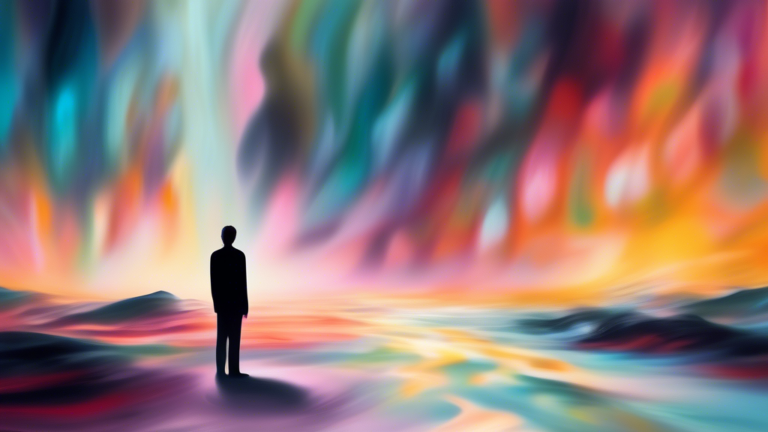 A surreal painting of a person standing in an abstract, dream-like landscape with a blurred car accident in the background, featuring ethereal lights and shadows, conveying a sense of confusion and fe