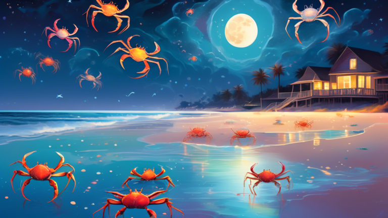 An ethereal nightscape where multiple translucent crabs are floating above a serene beach, symbolizing introspection and life's complexities, under a starlit sky with the moon casting soft reflections