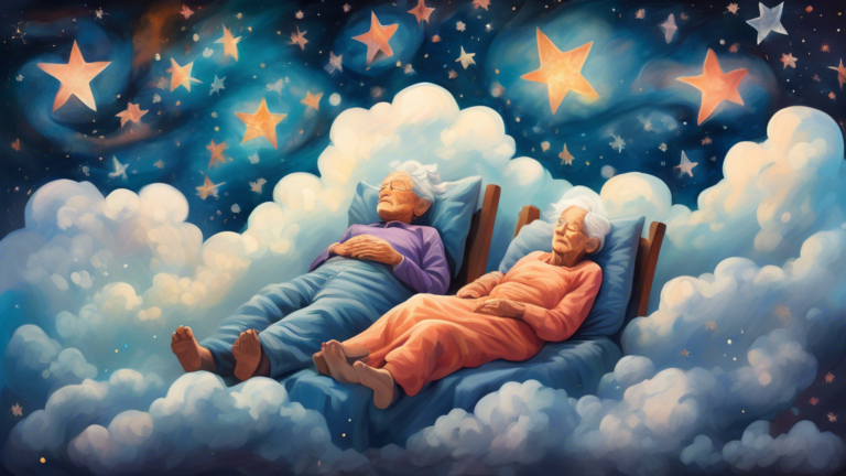 A surreal portrait of a person peacefully sleeping under a starry night sky, with translucent, gentle figures of elderly people resembling grandparents appearing in the clouds above, symbolizing dream