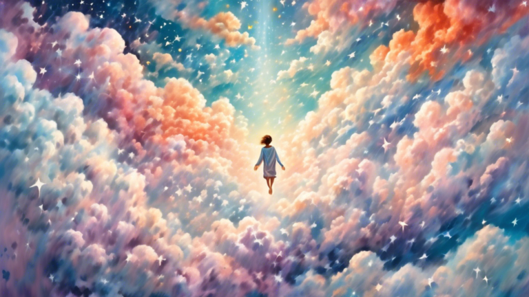 An ethereal painting of a person floating in a serene, star-filled sky, transitioning into a surreal scene of gently descending through soft, fluffy clouds, with a subtle expression of calm and intrig