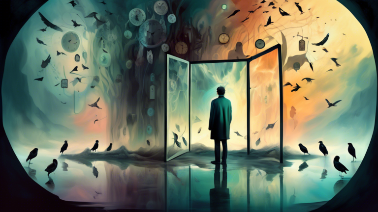 A surreal, dream-like digital painting depicting a person standing on a misty, abstract landscape looking into a mirror that reflects an ominous, shadowy figure, surrounded by symbolic elements such a