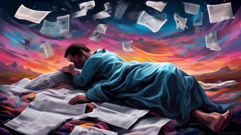 A surreal digital painting of a person peacefully sleeping in a vast, dark landscape while transparent, ghostly images of newspapers with headlines about mass shootings float around them, symbolizing