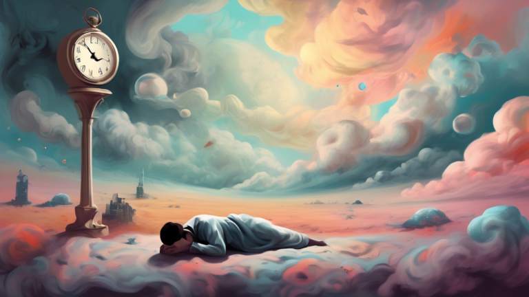 Create a surreal digital painting showing a person peacefully sleeping in a cloudy, ethereal landscape while shadowy, indistinct figures loom in the background, representing a dream about mass shootin