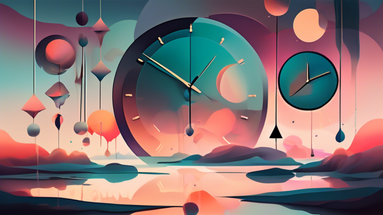A surreal, ethereal landscape at twilight with abstract shapes and floating clocks, reflecting a dreamscape that symbolizes introspection and the subconscious mind, with a soft, melancholic color pale