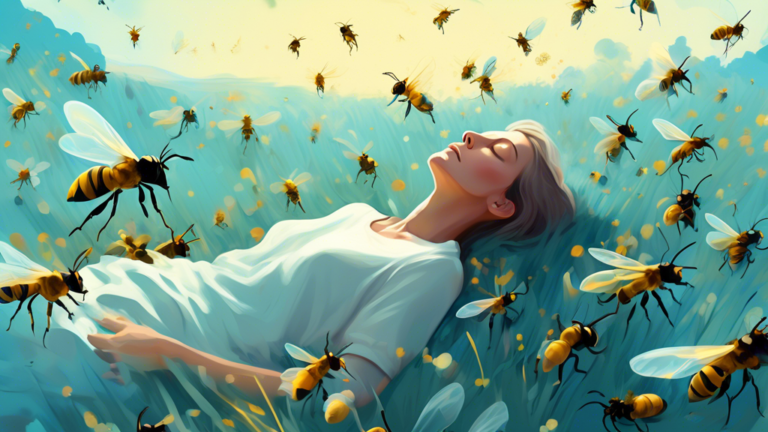 Create a surreal and dream-like digital painting of a person peacefully sleeping in a vast, open meadow under a clear blue sky, surrounded by a gentle swarm of oversized, translucent wasps that seem t