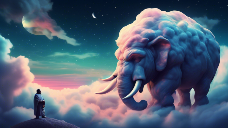 Digital artwork of a gentle giant holding a protective shield over a sleeping person, with surreal dreamy clouds and a moonlit sky in the background.