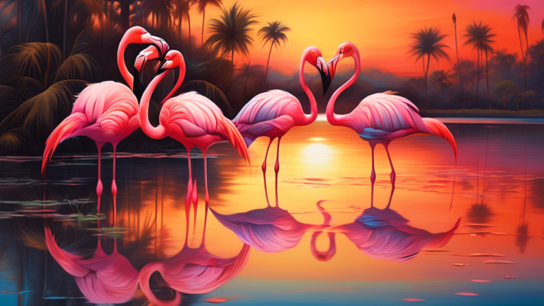A serene painting of a group of flamingos, bathed in the soft glow of a sunset at a tranquil lake, with each flamingo reflecting traditional cultural symbols and motifs in their feathers.