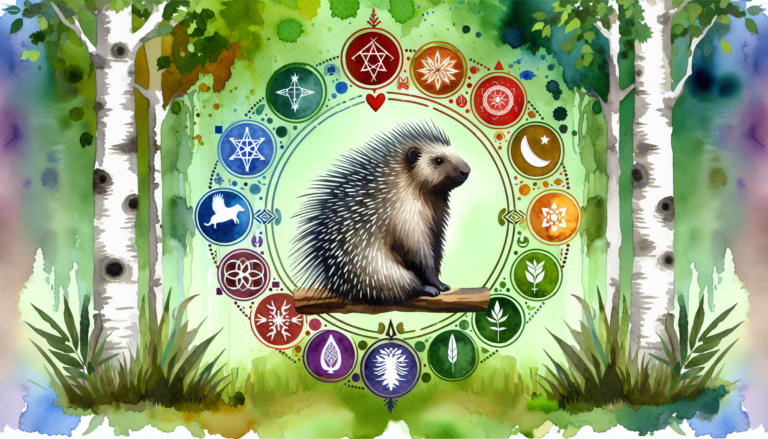 A serene watercolor painting of a porcupine sitting peacefully in a lush forest, surrounded by assorted forest symbols and iconic cultural artifacts representing various global interpretations of porc