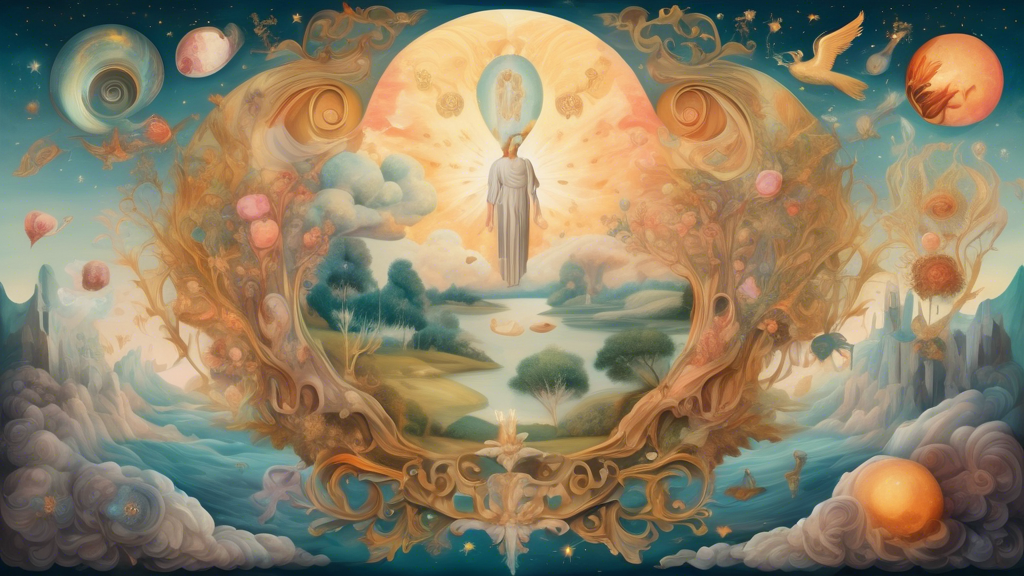 Artistic representation of a peaceful dream landscape with celestial motifs and symbolic Biblical elements floating around a subtle, abstract depiction of a male organ, rendered in a Renaissance paint