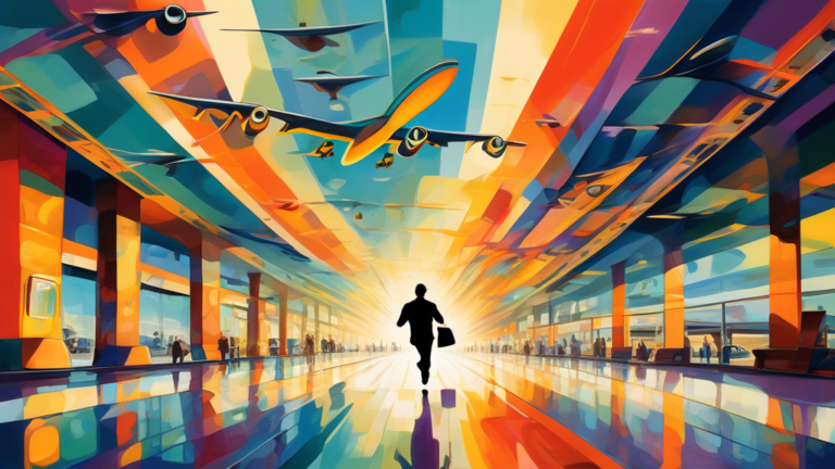 Vivid painting of a person running towards a departing airplane in a surreal, expansive airport, with clocks showing different times and mysterious shadows stretching across the terminal.