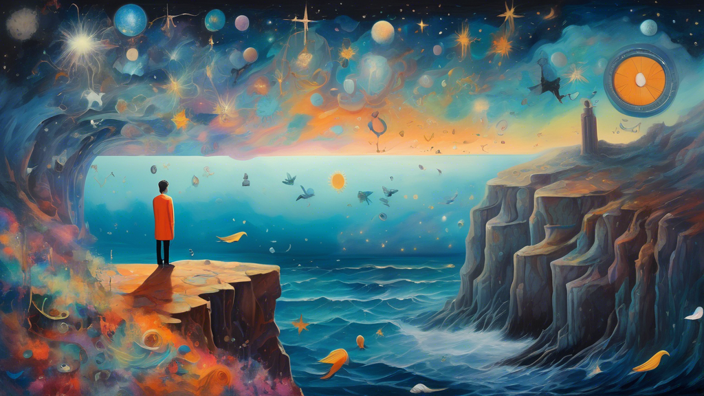 An ethereal and surreal painting of a person standing at the edge of a misty cliff, looking out over a tumultuous ocean under a starry sky, while ghostly figures and symbolic items such as clocks, bir