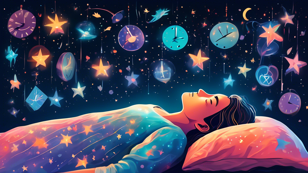 An ethereal image of a person sleeping peacefully under a starlit sky, while transparent, dream-like ticks float around, each carrying symbols like clocks, hearts, and brain icons to represent thought