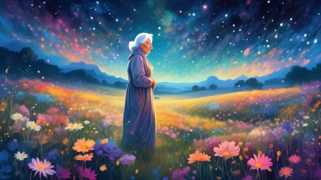 An ethereal and surreal landscape featuring a gentle, translucent figure of an elderly woman with a kind expression, standing amidst a luminous field of wildflowers under a starlit sky, symbolizing co