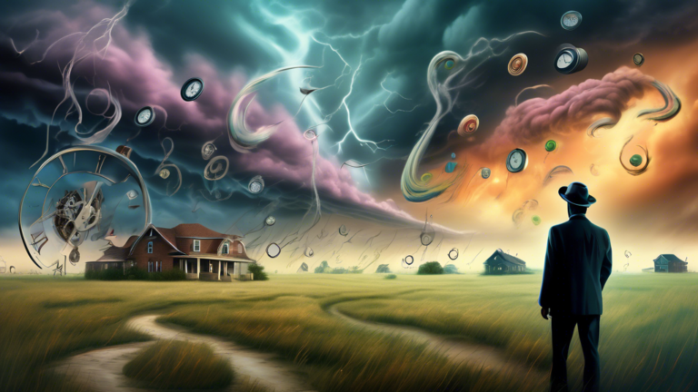 A surreal dreamscape showing a person standing in a peaceful field, observing multiple tornadoes in the distance, each tornado representing different life stresses with symbols like clocks, office too