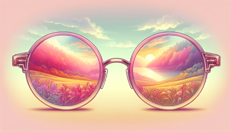 A whimsical, artistic depiction of a serene, beautiful landscape seen through a large, translucent pair of rose-colored glasses, highlighting the brighter, softer, and more vibrant version of the real